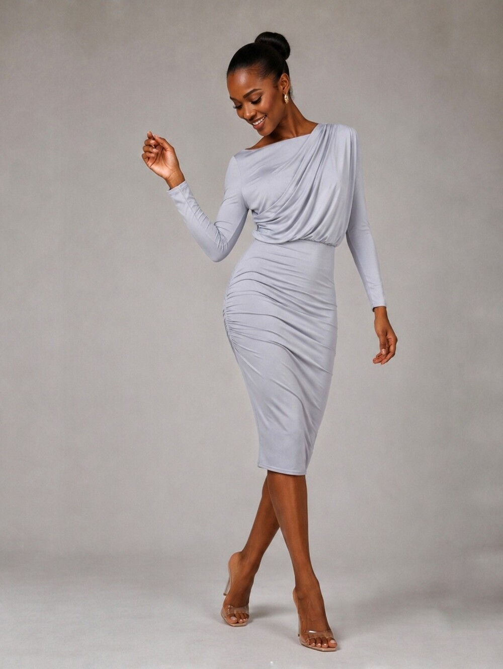 Gray Drape Shoulder Midi Cocktail Dress-Boohoo